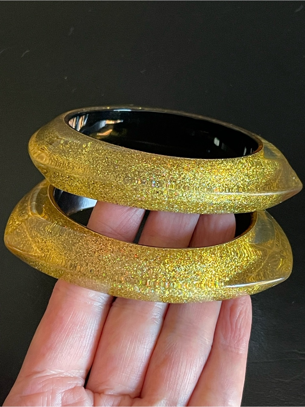 2 Vintage gold Glitter lucite Bangle Bracelets.